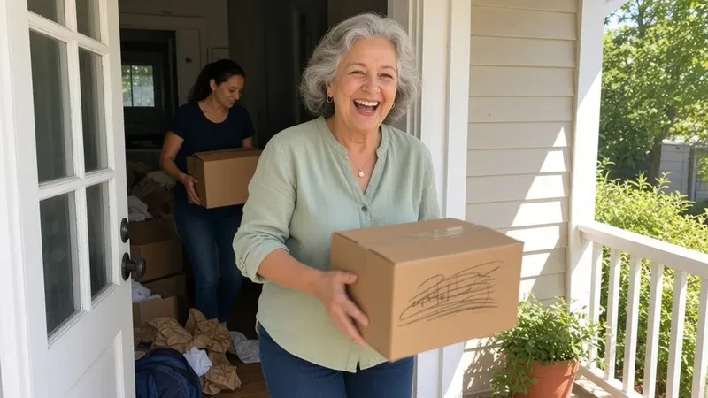 Laughing homeowner carrying a moving box out the front door