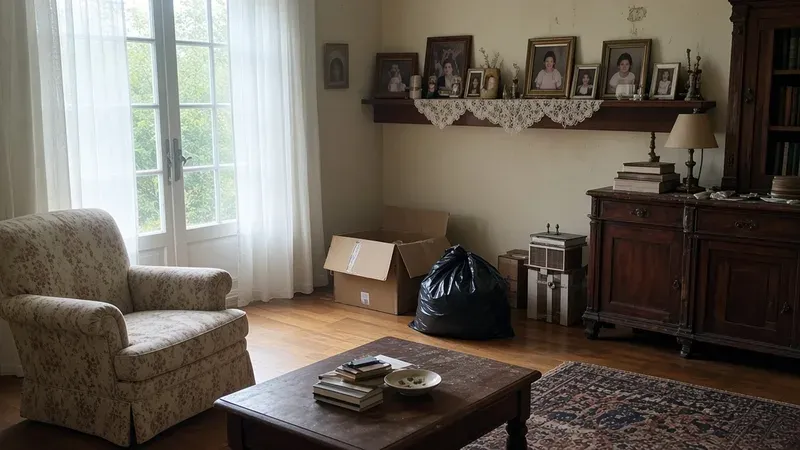 Living room of an inherited family home mid-cleanout with boxes