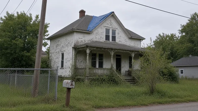 Older house with peeling paint, a tarp on the roof and an overgrown yard