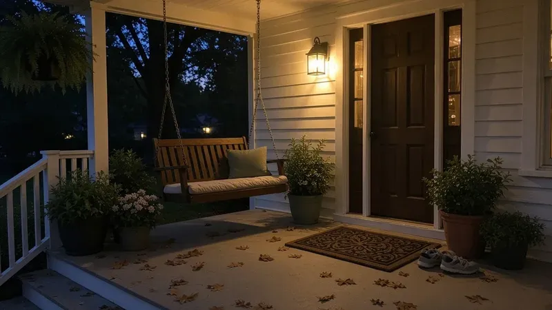 Front porch with a swing and porch light in the evening