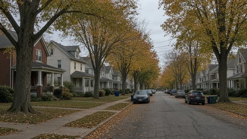 Tree-lined street of older brick and clapboard homes in autumn
