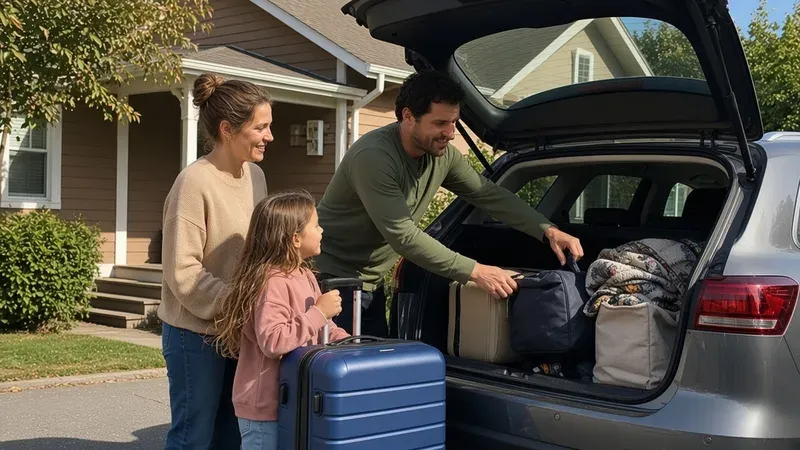 Family loading suitcases into a car to relocate