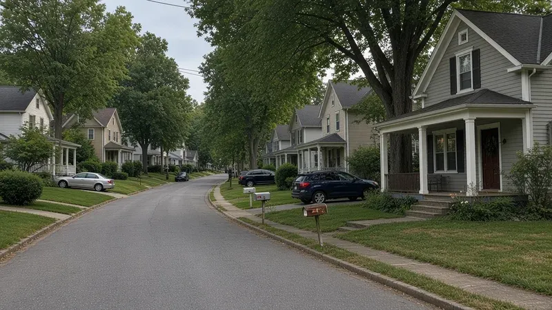 Hilly residential street of older wood-sided homes with porches