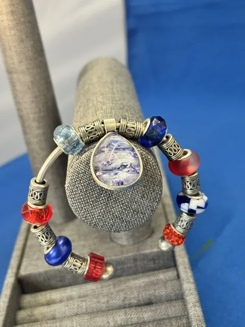 Bracelet- Red & Blue Beads on Silver Band w/ Teardrop 