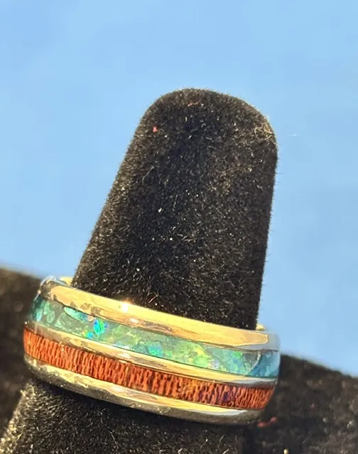 Ring- Silver w/ Wood and Blue Center