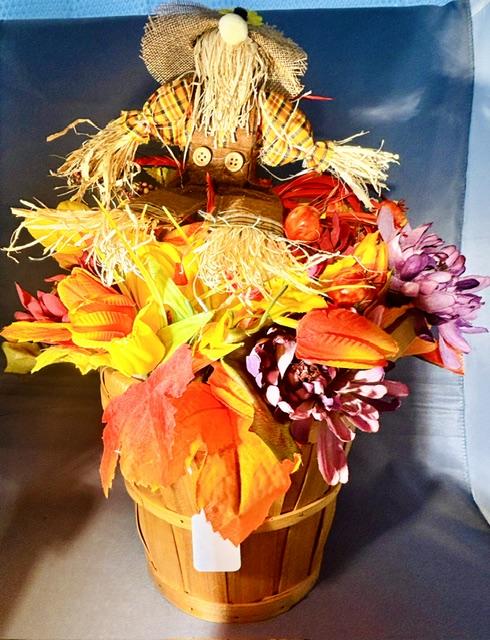Large Fall Artificial Floral Arrangement in Basket w/ Scarecrow