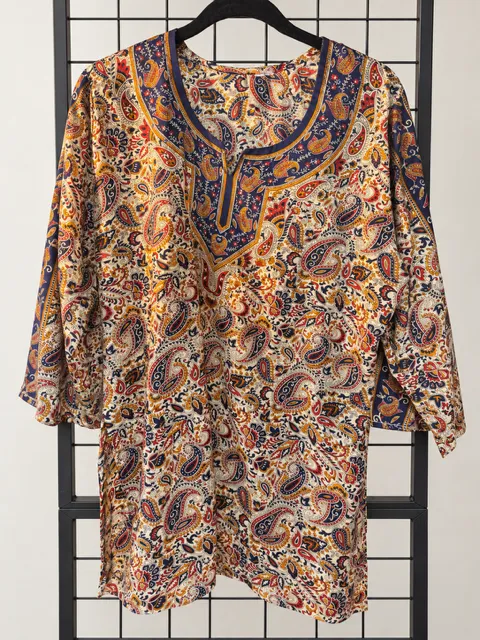 White 3/4 Sleeve Shirt w/ Multicolor Paisley Print