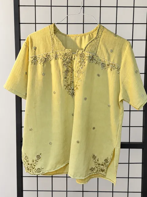 Yellow Short Sleeve Shirt w/ Floral Neck