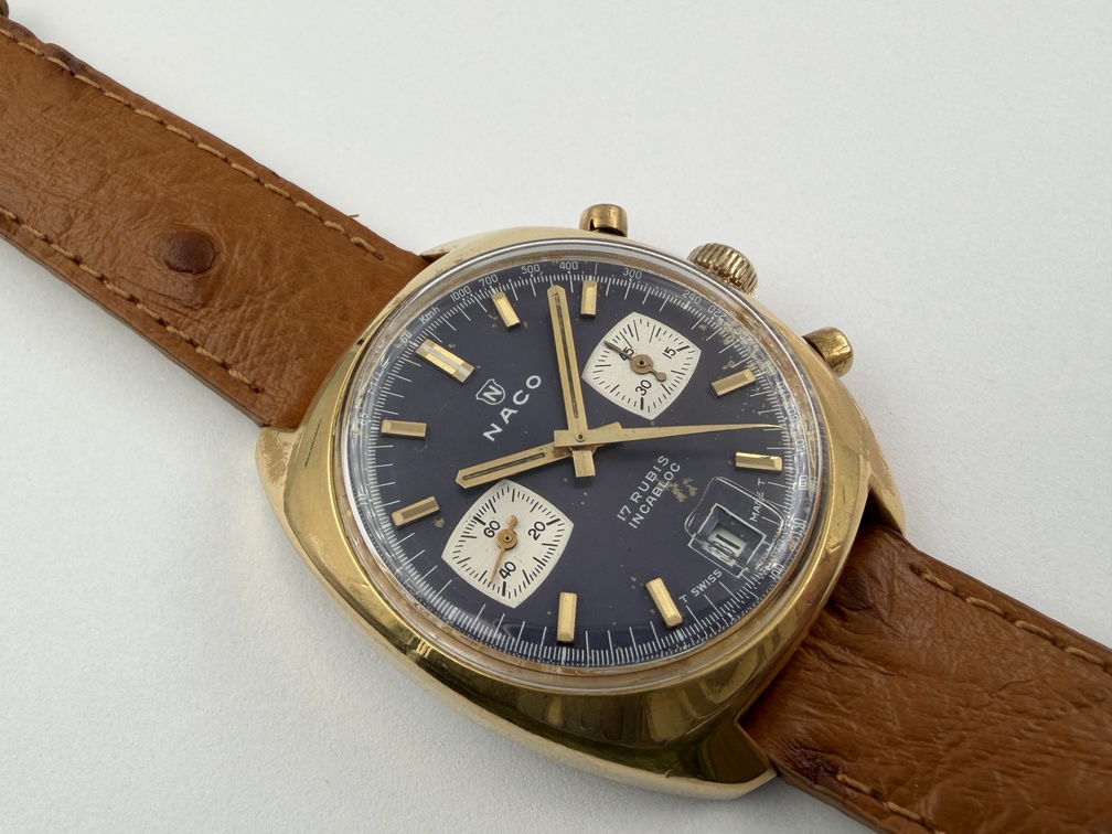 Vintage NACO Blue Manual Wind Chronograph Gold Plated Cal Valjoux 7734 - 34 mm