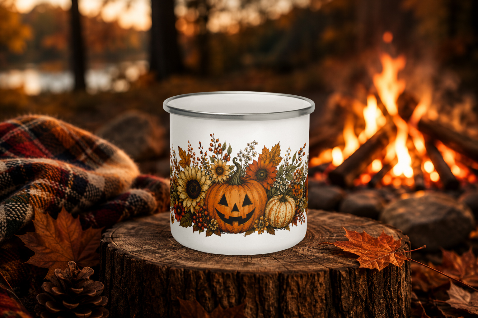 Vintage Halloween Pumpkin Enamel Camp Mug | Retro Fall Coffee Cup