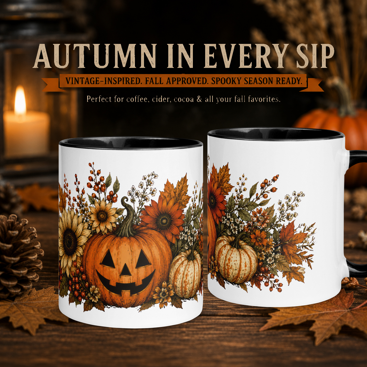 Vintage Halloween Pumpkin Floral Mug | Autumn Harvest Coffee Cup