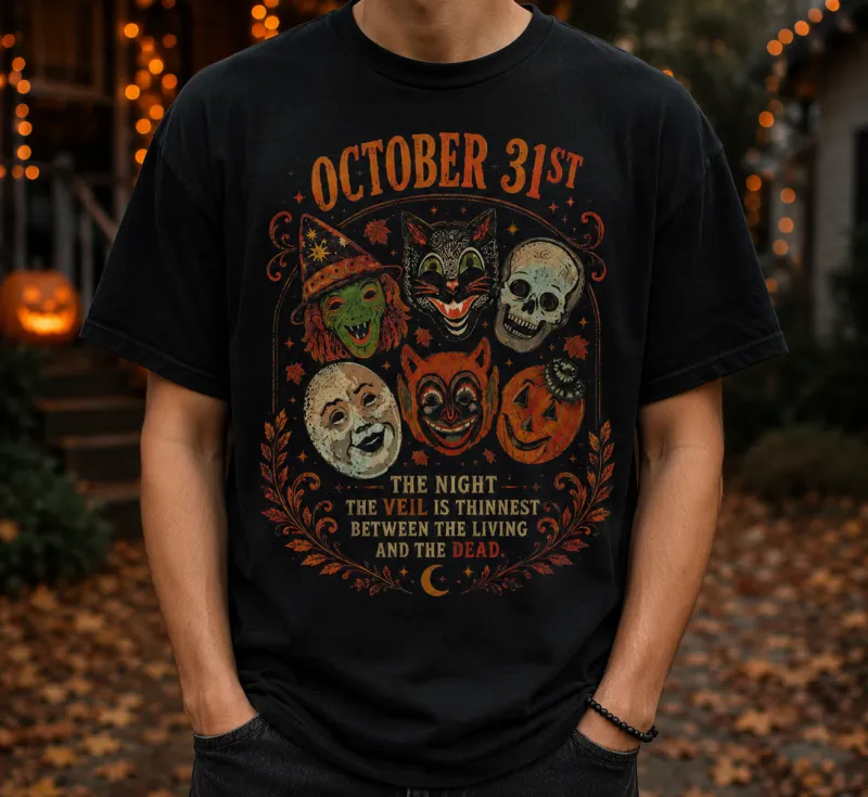 Retro Halloween Tee, Black Distressed Mask Graphic | October 31st
