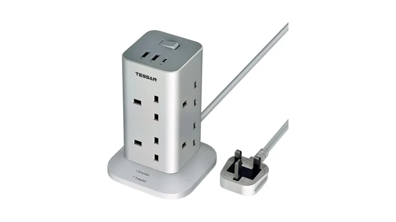 TESSAN 3 port USB and 8 AC port all in one UK tower extension – cable 2 meters l