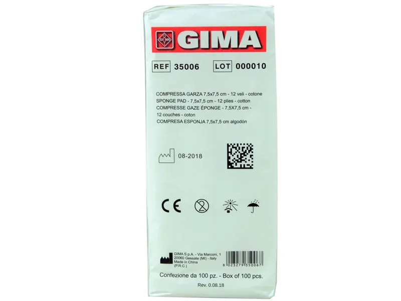 [A00009712] - 35006 GARZA Compressa [07,5x07,5cm] puro cotone non sterile [20 fili] piegato e orlato [filato 40/40] s/filo radiopaco Gima