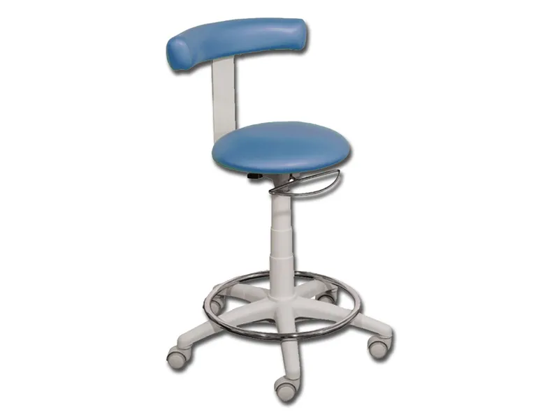 [A00011605] - Sedia per operatore in poliammide estrusa con base a 5 razze su ruote e anello poggia piedi - tappezzeria STANDARD in skai costampato colore azzurro Gima