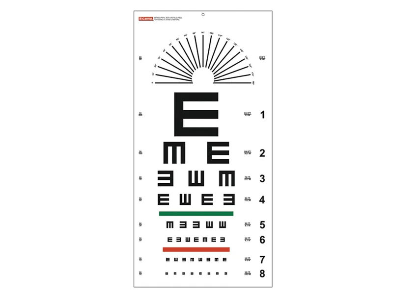[A00012555] - TAVOLA OTTOMETRICA DI TUMBLING [area 28,0x56,0 cm | distanza 6,1 m ] per acuità visiva con lettera E e barra a colori Gima