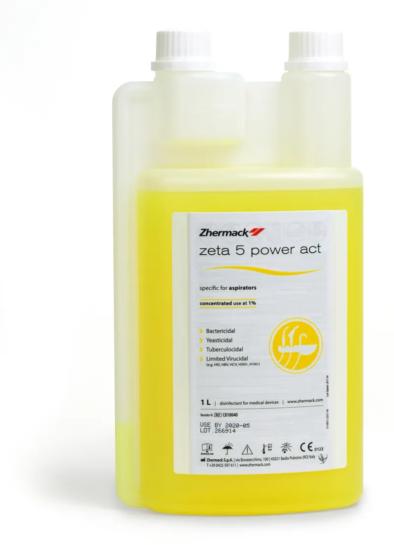 [A00121037] - ZETA 5 POWER ACT Disinfettante concentrato [diluizione 1%] specifico per la disinfezione, pulizia e deodorizzazione dei circuiti di aspirazione e sputacchiera in flacone [1lt] Zhermack