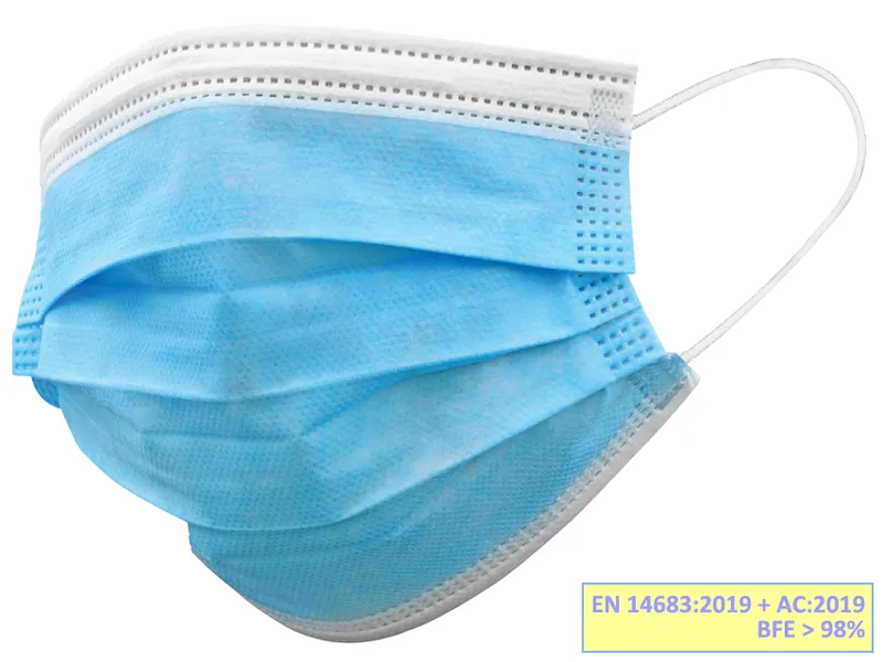 [A00167075] - gisafe mascherina chirurgica filtrante 98% 3 veli tipo iir con elastici - adulti - azzurra - flowpack Gima