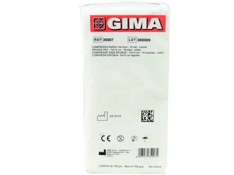 [A00009713] - 35007 GARZA Compressa [10,0x10,0cm] puro cotone non sterile [20 fili] piegato e orlato [filato 40/40] s/filo radiopaco Gima