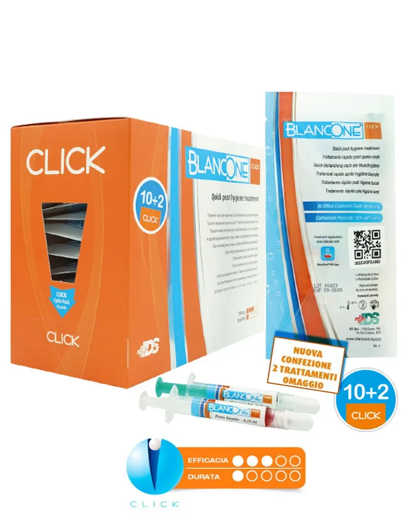 [A00083461] - BLANCONE CLICK Trattamenti [12 unità] post igiene [siringa perossido 0,75 ml+siringa attivatore 0,25 ml+raccordo+puntale] Ids