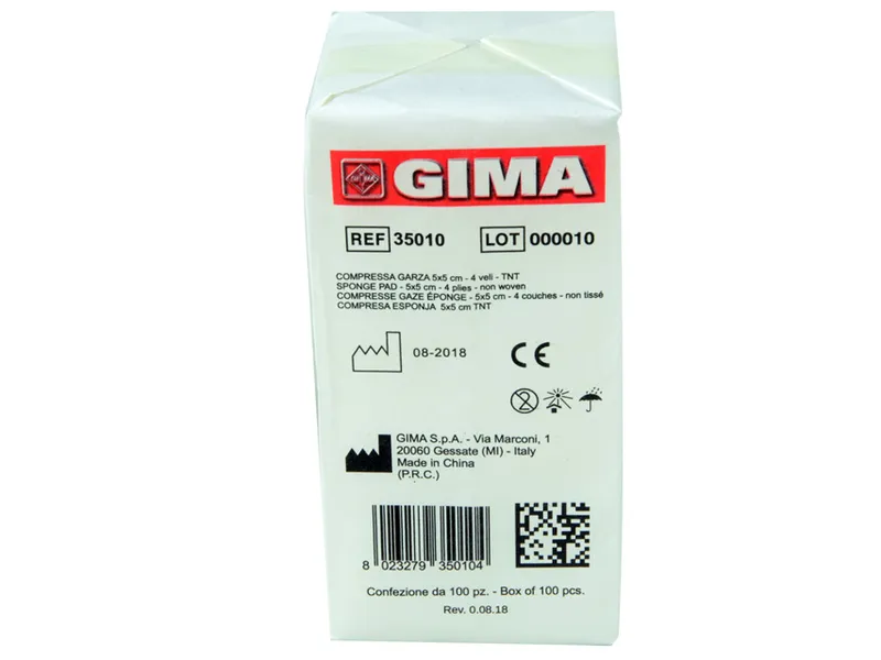 [A00009714] - 35010 GARZA Compressa [05,0x05,0cm] TNT non sterile [30% poliestere 70% viscosa] piegato e orlato [30g/m2] s/filo radiopaco Gima