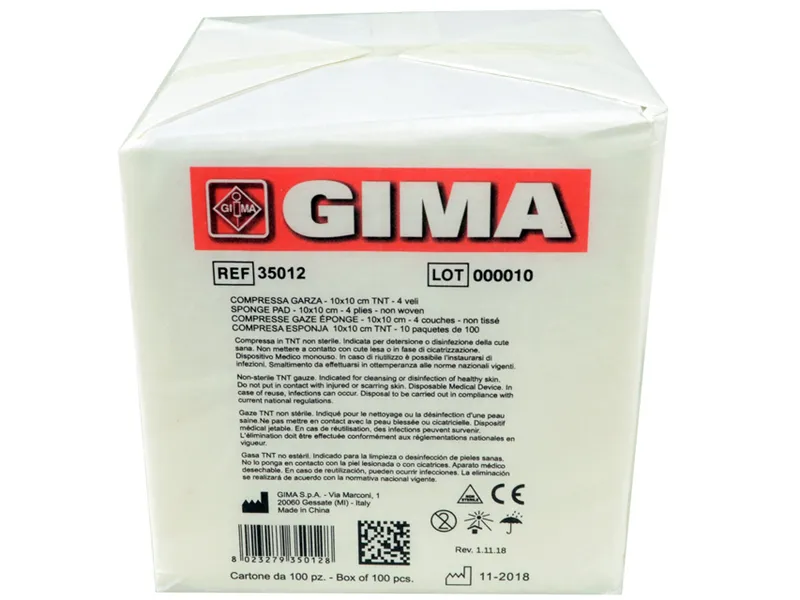 [A00009716] - 35012 GARZA Compressa [10,0x10,0cm] TNT non sterile [30% poliestere 70% viscosa] piegato e orlato [30g/m2] s/filo radiopaco Gima