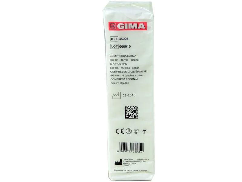[A00009711] - 35005 GARZA Compressa [05,0x05,0cm] puro cotone non sterile [20 fili] piegato e orlato [filato 40/40] s/filo radiopaco Gima