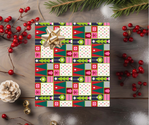 Decorated Squares Christmas Gift Wrapping Paper - 2 sheets & 4 tags