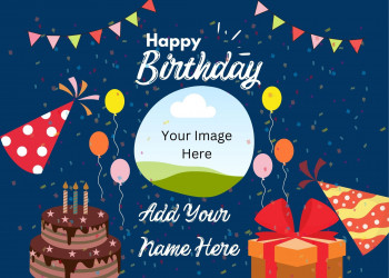 Personalised Cake & Present Blue Birthday Card With Photo & Name