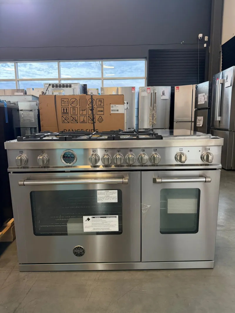 Bertazzoni MAS486BTFEPXT 48” Dual Fuel Range – Double Oven, 6 Brass Burners & Griddle