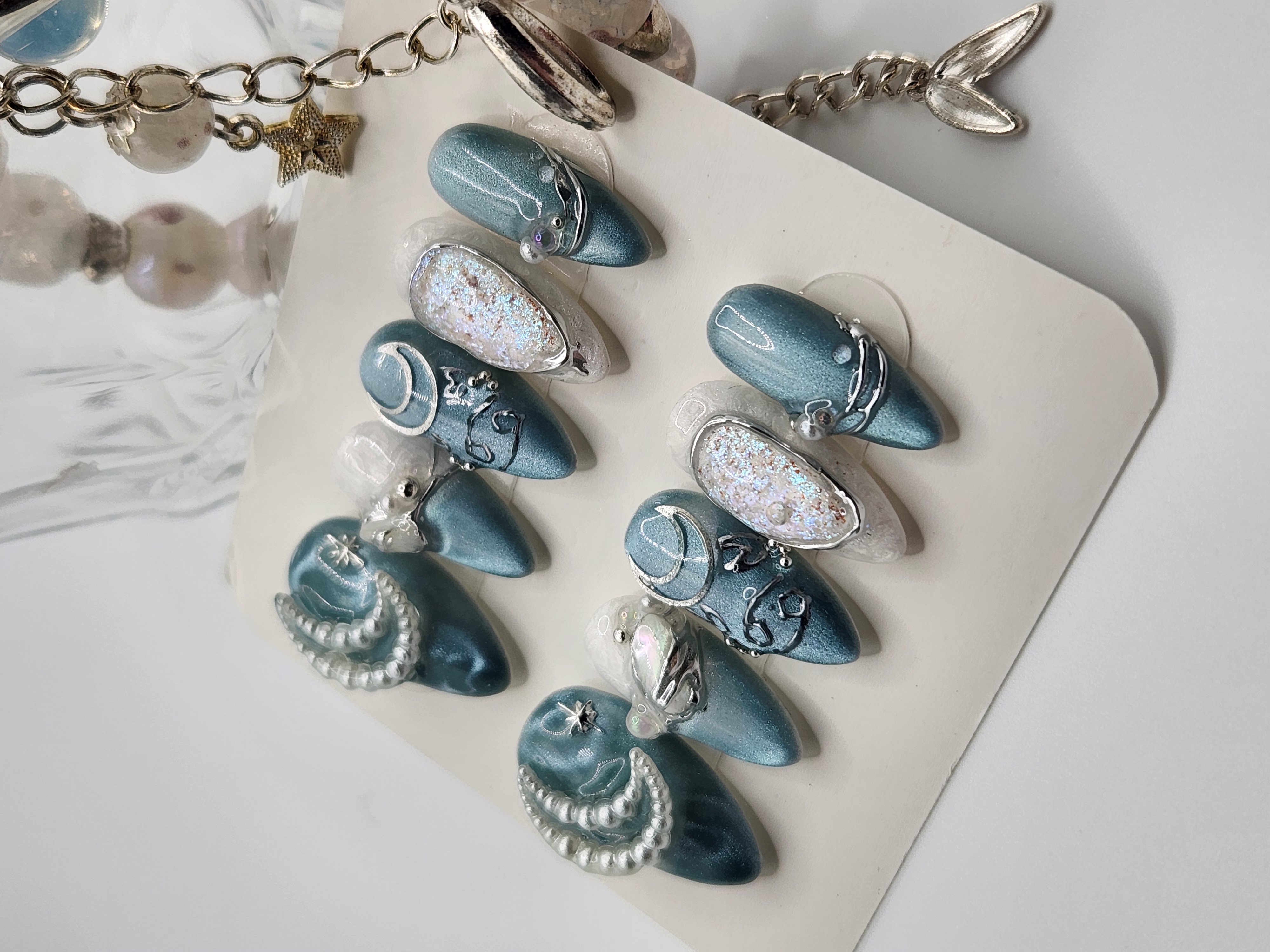 Cancer Zodiac Press-On Nails | Blue Cat-Eye, Pearl & Chrome Celestial Nails