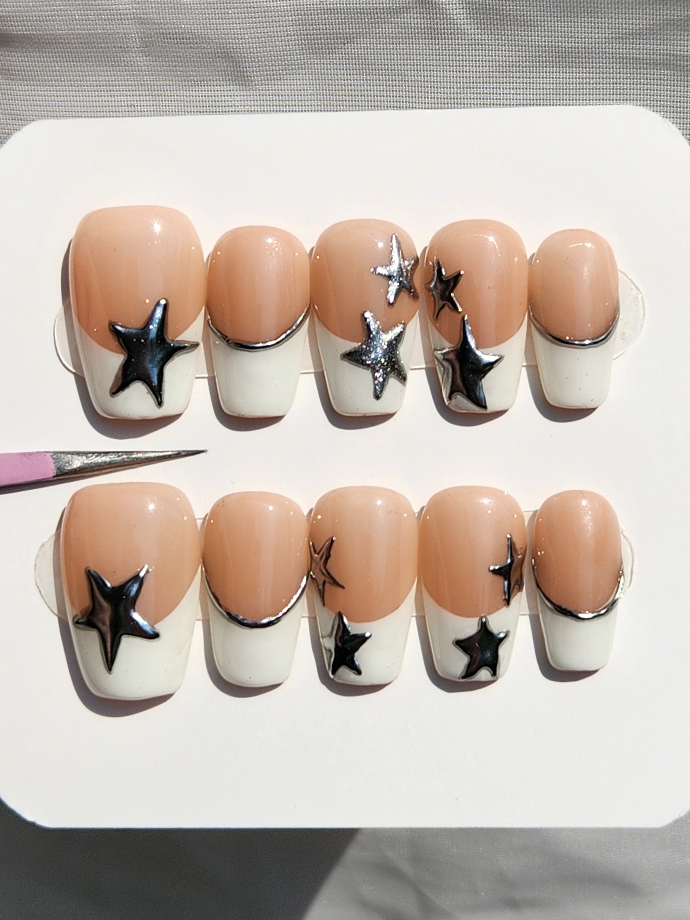 French Tips with Silver Stars | Classic White French Tip Press-On Nails