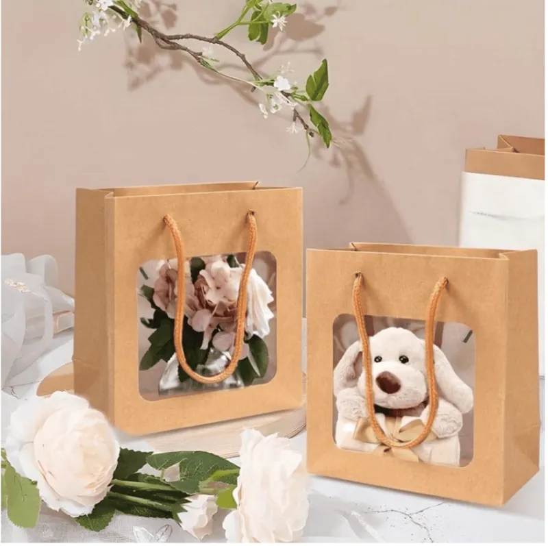 12pcs Kraft Paper Gift Bags with Window & Handle | Premium Souvenir & Party Packaging Bags