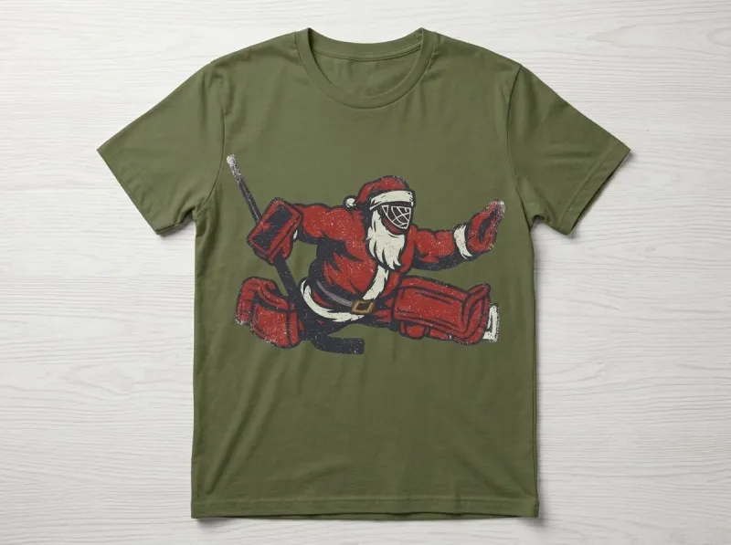 Santa Goalie Christmas Hockey T-Shirt | Funny Holiday Goalie Shirt