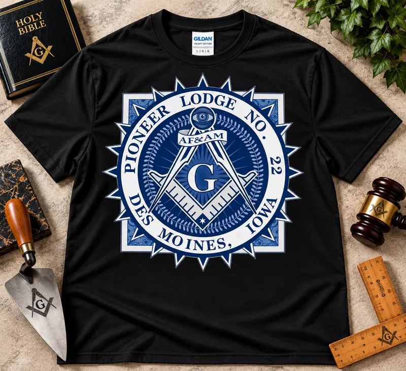 Pioneer Lodge No. 22 – Blue & White Masonic Emblem T-Shirt