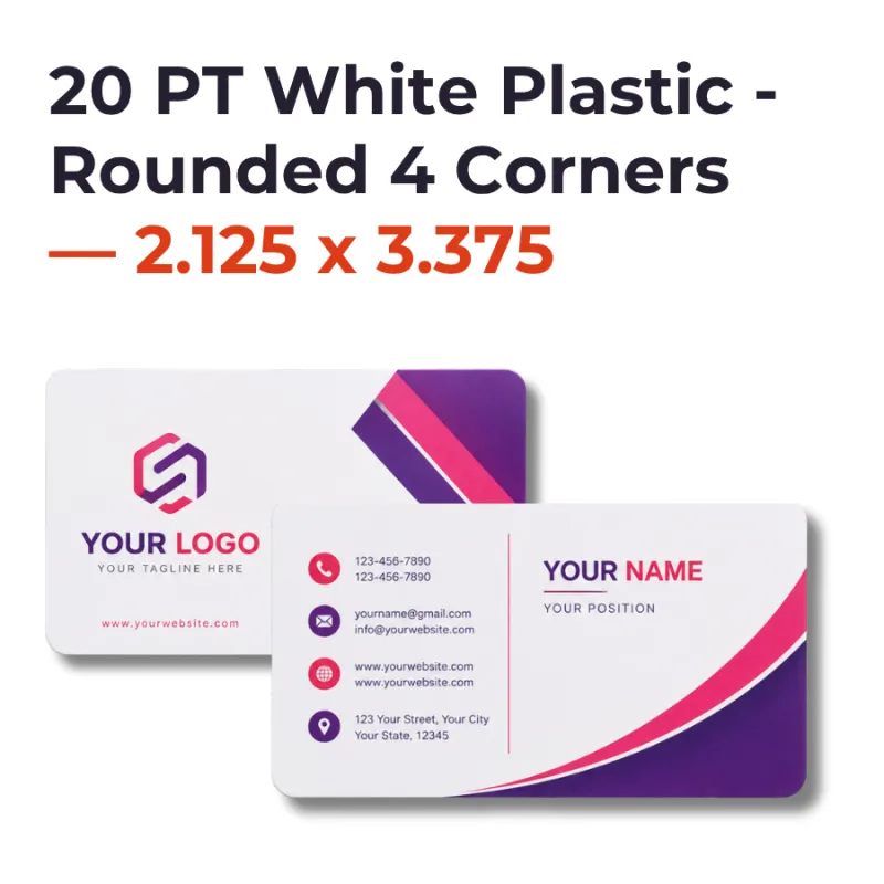 Plastic Business Cards - 20 PT White Plastic - Rounded 4 Corners — 2.125 x 3.375