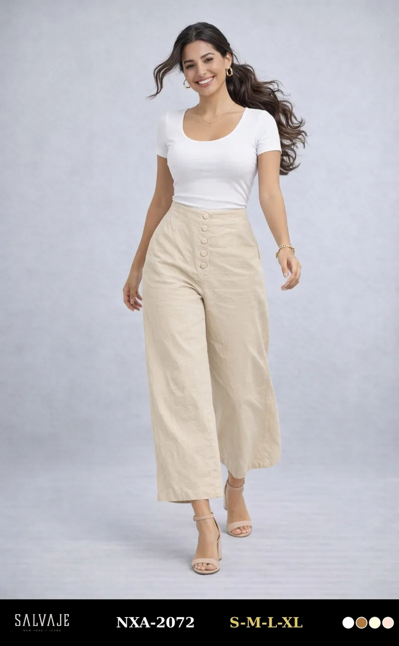 Salvaje Pantalon Capri de Mujer Crema Botones NXA-2072