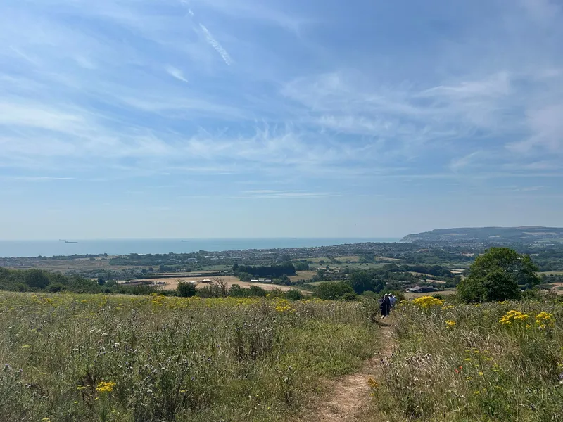 Walkers on a chalk path above the Solent, Isle of Wight