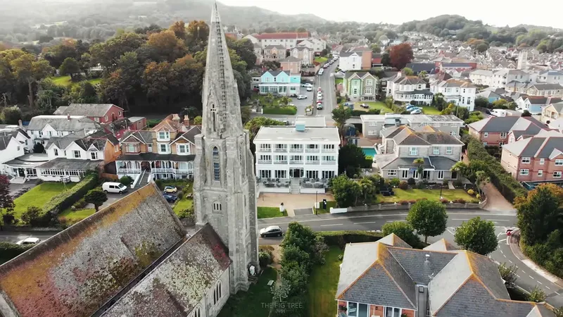 Aerial view of The Fig Tree Hotel beside the church spire in Shanklin