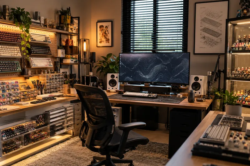 A keyboard studio with shelves of keyboards and keycaps, a desk setup and a case of collectible figures