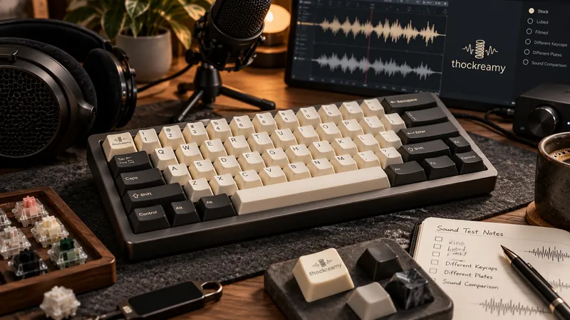 A cream-and-charcoal keyboard on a sound-test desk with a microphone, headphones and waveforms on screen