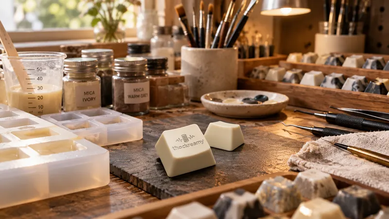 The keycap workbench: silicone molds, jars of mica powder, brushes and freshly cast resin keycaps