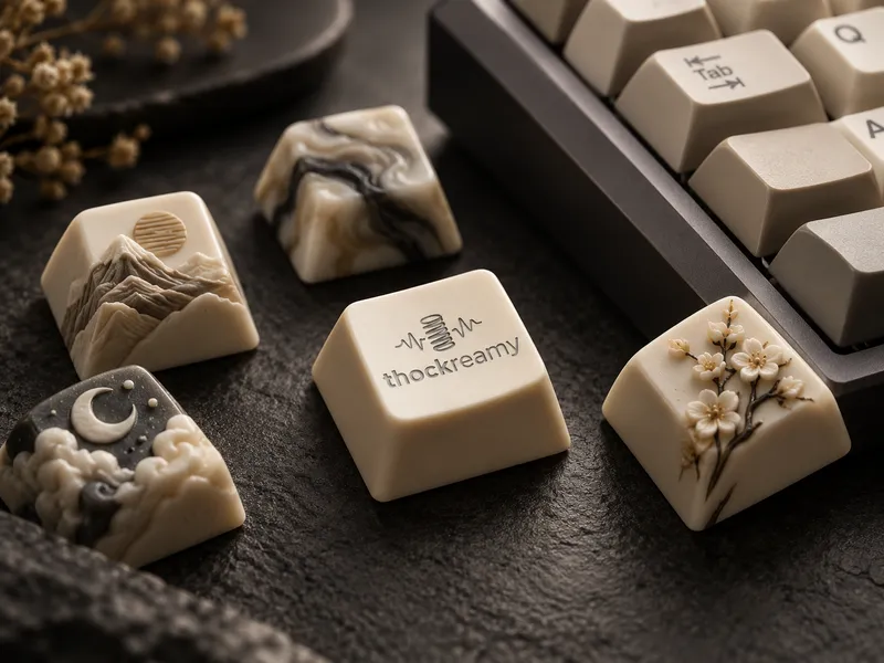 Cream resin artisan keycaps: a mountain ridge, a crescent moon, a marble swirl, sakura blossoms and the thockreamy logo key
