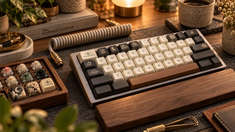 A compact cream-and-charcoal keyboard with a walnut wrist rest, a coiled cable and a tray of artisan keycaps
