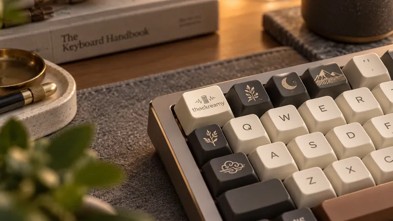 The thockreamy logo key on a cream-and-charcoal keyboard with leaf, moon, mountain and cloud artisan keys