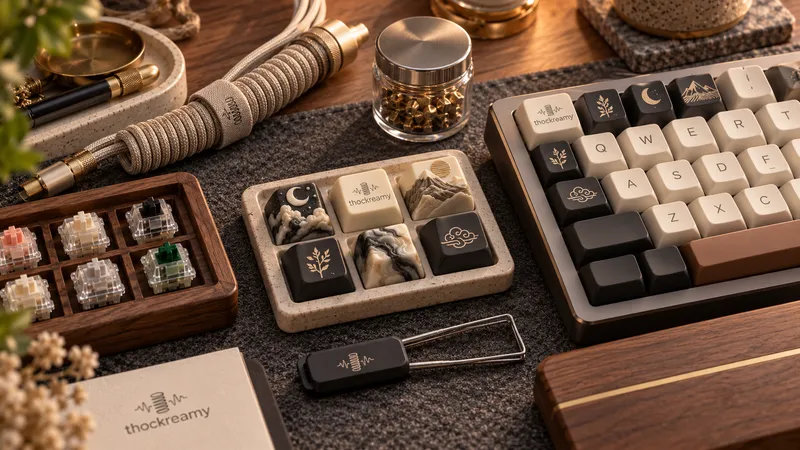 A desk flat-lay with a switch tray, an artisan keycap tray, a coiled cable, a jar of switches and a logo keycap puller