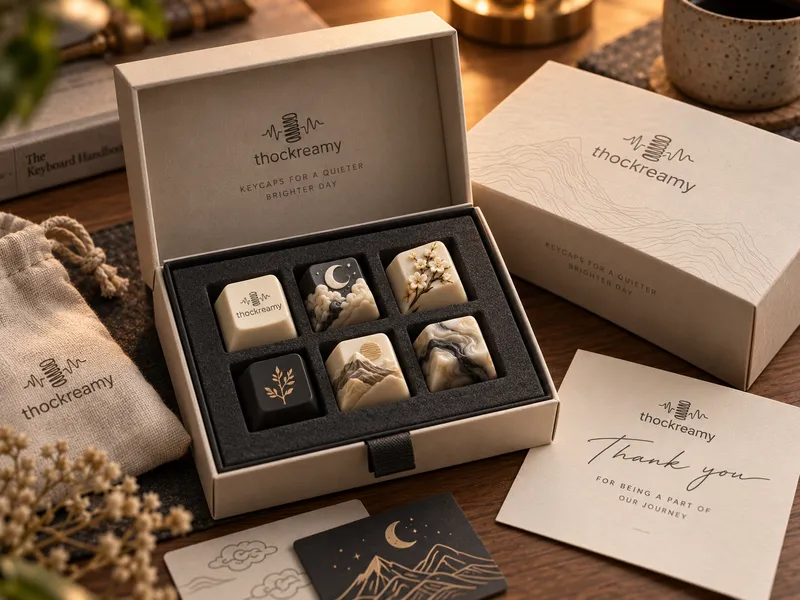 A thockreamy gift box holding six artisan keycaps, beside a thank-you card and a drawstring pouch
