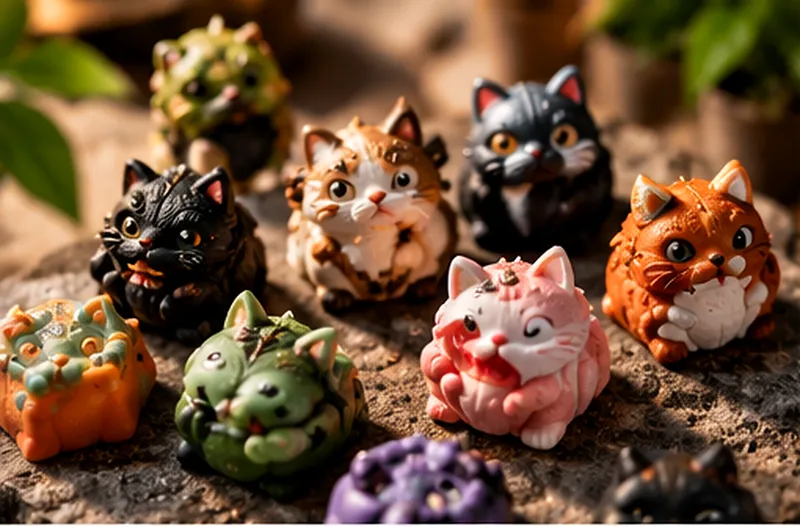 Colorful cat-shaped novelty artisan keycaps in orange, pink, black and green resin