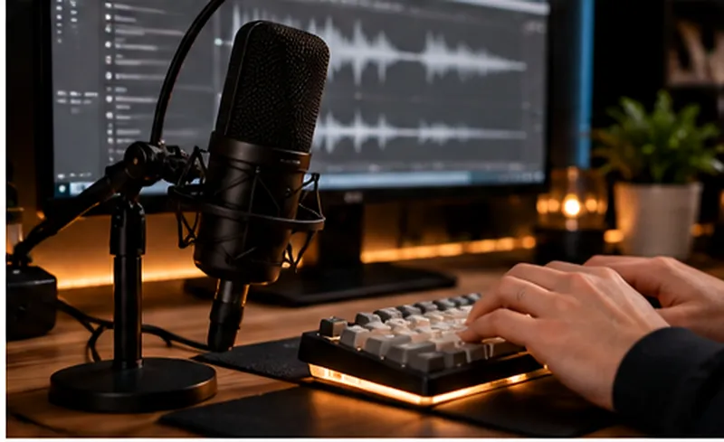 Hands typing on a backlit keyboard in front of a studio microphone and an audio waveform