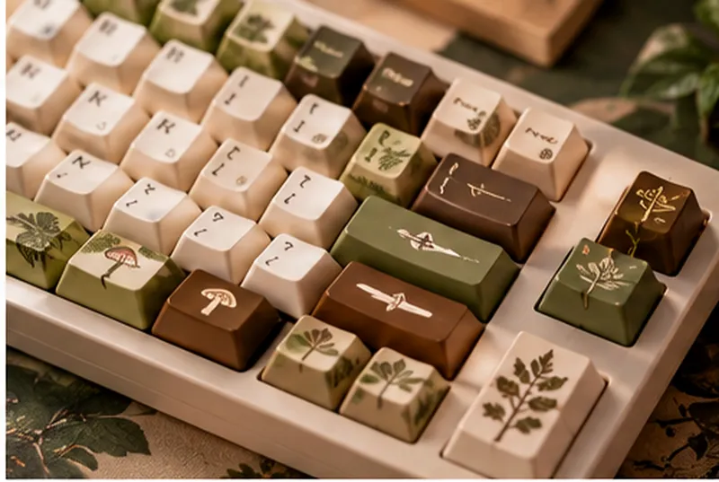 A forest-themed keycap set in cream, olive and brown with mushroom, leaf and fern legends
